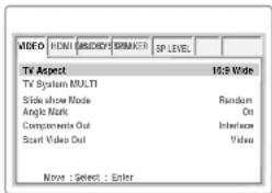 VIDEO HONI GRODIDY SPRAWER SP LEVEL TV Aspect 10:8 Wide TV System MULTI Slide show Mode Random On Angle Mark Compressor Out Interface Scart Video Out Video None : Select : Enter