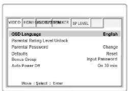 VIDEO HONI DISCK/SPEAKER SP LEVEL OISD Language English Parental flaring Level Unlock Parental Password Change Defaults Reset Bonus Group Input Password Auto Power Off On 30 min Move : Select : Enter