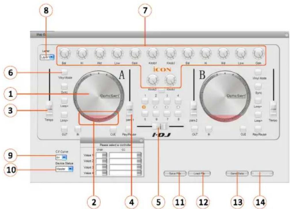 Map Di Layer Layer1 8 7 6 1 3 9 10 Vipyl Made Sync Loop+ Tempo Loop+ OUT R CUE Play/Round A icon OpticSeri B Vinyl Roode Sync Loop+ Tempo I-DJ OphcSeri OUT R CUE Play/Round Please select a controller Drip CC 2 4 5 11 12 13 14 Save File Load File Send Data