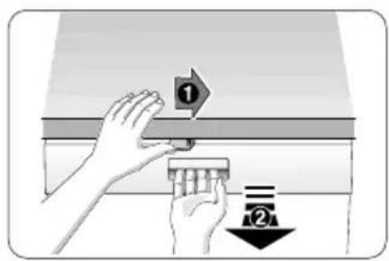 Diagram showing hands installing a component with numbered labels and directional arrows indicating process flow