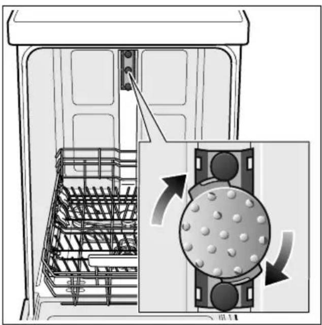 Diagram showing a refrigerator interior with a close-up of the refrigerator and its internal structure, annotated with directional arrows indicating rotation or movement.