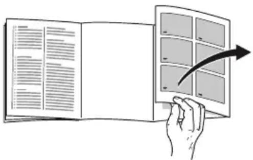 Illustration showing a hand holding an open notebook next to a grid of curved panels, with a curved arrow indicating direction or transformation.