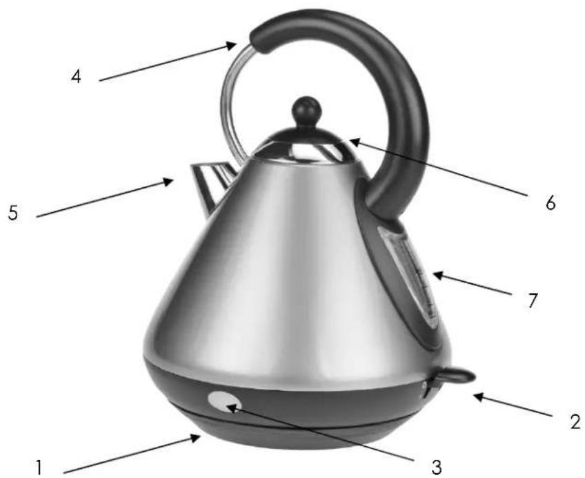 Labeled diagram of a stainless steel kettle with numbered parts from 1 to 7