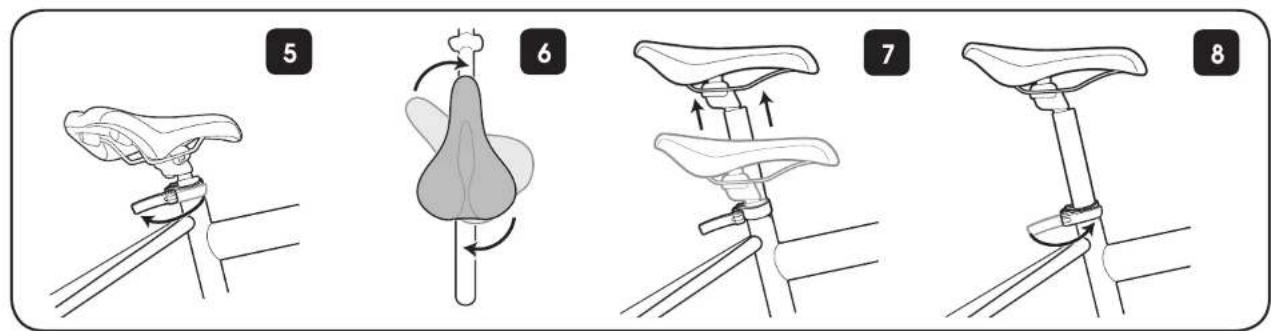Diagram illustrating eight steps of bicycle seat riding, showing progressive movement from seat 5 to seat 8 with directional arrows.