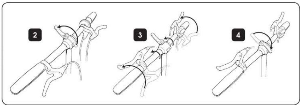 Illustration showing three steps of a mechanical device with labeled arrows indicating motion or movement.