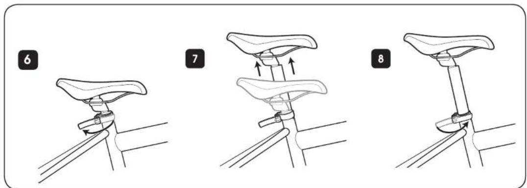 Diagram showing three steps of bicycle seat mounting mechanism, labeled 6, 7, and 8 with directional arrows indicating movement.