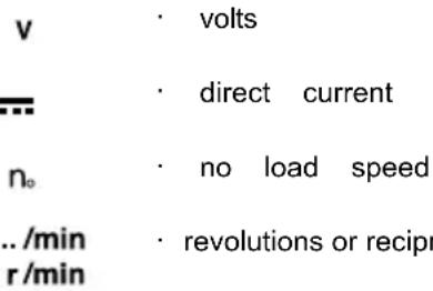 v · volts ··· · direct current n₀ · no load speed ../min · revolutions or recip r/min