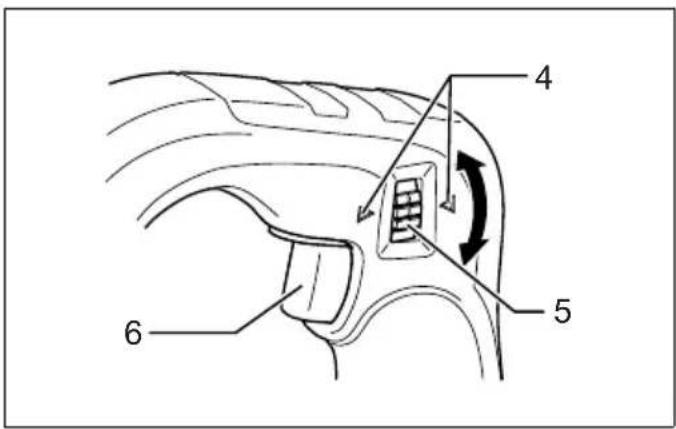 Technical diagram of a mechanical component with numbered parts and directional arrows indicating motion or movement.