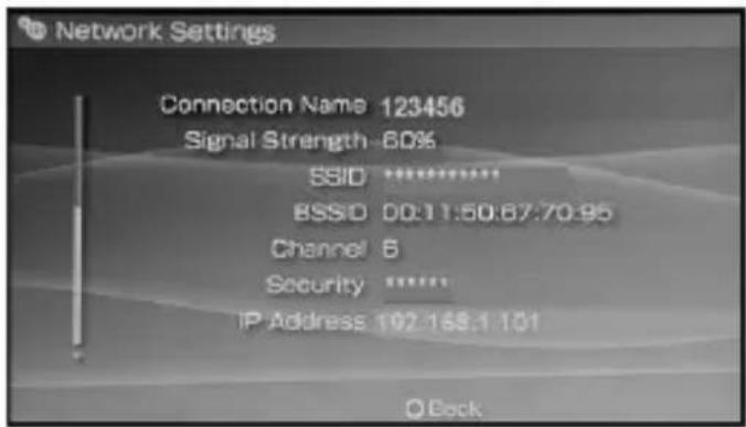 Network Settings Connection Name 123456 Signal Strength 60% SSID ****** BSSID 00:11:50:67:70:95 Channel 6 Security ****** IP Address 102.168.1.101 OBack