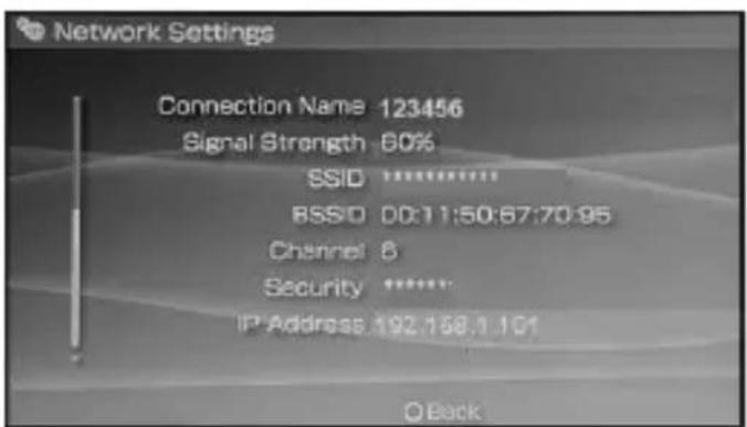 Network Settings Connection Name 123456 Signal Strength 60% SSID ****** BSSID 00:11:50:67:70:95 Channel 8 Security ****** IP Address 192.158.1.101 O Back