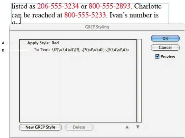 listed as 206-555-3234 or 800-555-2893. Charlotte can be reached at 800-555-5233. Ivan's number is the GREP Styling Apply Style: Red To Text: \(?(\d\d\d)\)?[-.]?(\d\d\d)[-.]?(\d\d\d) New GREP Style Delete OK Cancel Preview