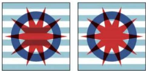 Two identical abstract geometric patterns with red and blue starburst shapes on striped backgrounds (no text or symbols)