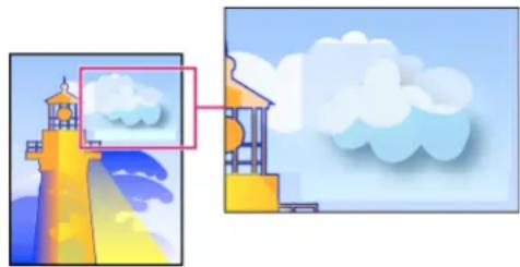 Illustration of a lighthouse emitting clouds, with an adjacent building and cloud shapes (no text or symbols)