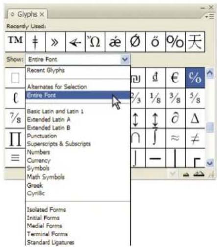 Recently Used: TM Show: Entire Font Recent Glyphs Alternates for Selection Entire Font Basic Latin and Latin 1 Extended Latin A Extended Latin B Punctuation Superscripts & Subscripts Numbers Currency Symbols Math Symbols Greek Cyrillic Isolated Forms Initial Forms Medial Forms Terminal Forms Standar…