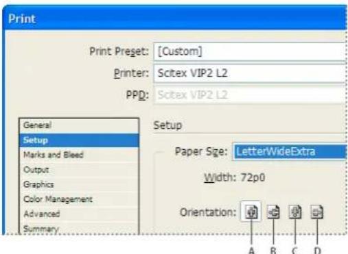 Print Print Preget: [Custom] Printer: Sctex VIP2 L2 PPD: Sctex VIP2 L2 General Setup Marks and Bleed Output Graphics Color Management Advanced Summary Setup Paper Size: LetterWideExtra Width: 72p0 Orientation: A B C D