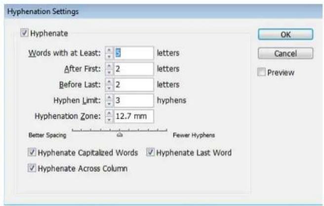 Hyphenation Settings ✓ Hyphenate Words with at Least: 5 letters After First: 2 letters Before Last: 2 letters Hyphen Limit: 3 hyphens Hyphenation Zone: 12.7 mm Better Spacing Fewer Hyphens ✓ Hyphenate Capitalized Words ✓ Hyphenate Last Word ✓ Hyphenate Across Column OK Cancel Preview