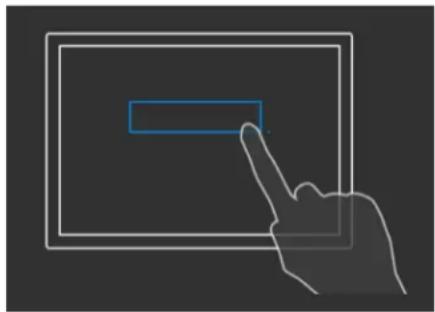 Hand cursor clicking a blue rectangular button on a dark screen (no text or symbols)