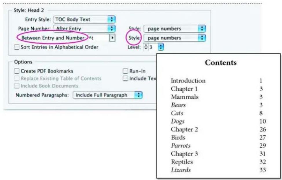 Style: Head 2 Entry Style: TOC Body Text Page Number: After Entry Between Entry and Number Sort Entries in Alphabetical Order Style: page numbers Style: page numbers Level: 3 Options Create PDF Bookmarks Replace Existing Table of Contents Include Book Documents Numbered Paragraphs: Include Full Para…