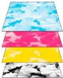 Three vertically stacked panels in blue, pink, and yellow with abstract textures (no text or symbols)