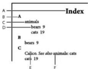 graph TD A["A"] --> B["B"] B --> C["C"] C --> D["D"] D --> E["E"] E --> F["F"] B --> G["animals"] C --> H["bears 9"] D --> I["cats 19"] H --> J["bears 9"] J --> K["C"] K --> L["Calico. See also animals: cats"] L --> M["cats 19"]