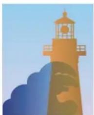 Illustration of a lighthouse with a lighthouse and cloud-shaped elements, set against a blue sky (no text or symbols)