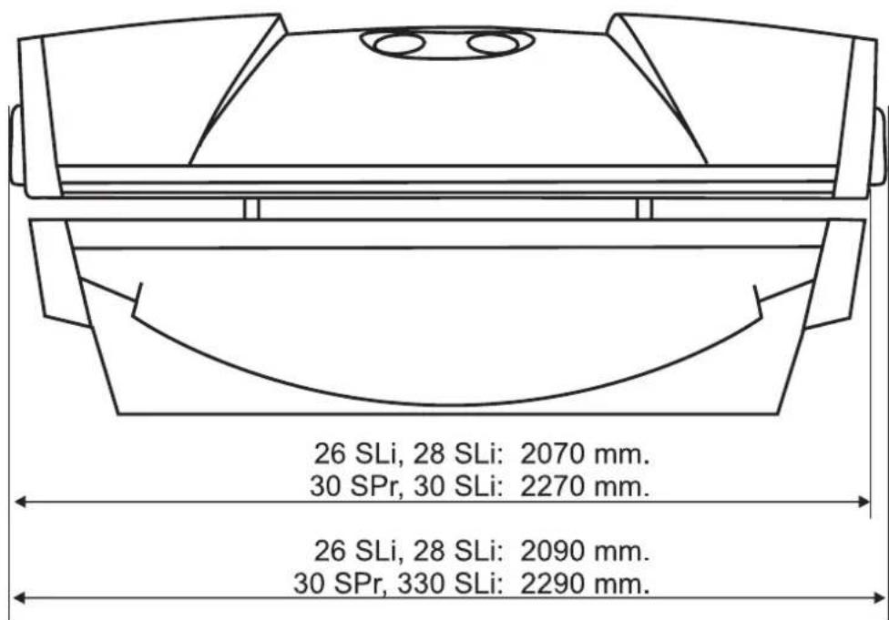 26 SLi, 28 SLi: 2070 mm. 30 SPr, 30 SLi: 2270 mm. 26 SLi, 28 SLi: 2090 mm. 30 SPr, 330 SLi: 2290 mm.