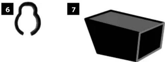 Two black 3D geometric shapes: a looped wire and a rectangular prism, both without any text or symbols.