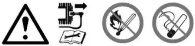 Four safety and hazard symbols: warning triangle, circuit switch, cigarette with flame, and no-smoking circle.