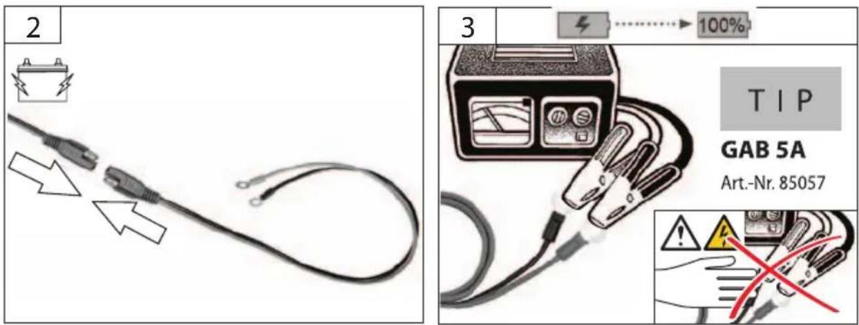 Diagram showing two configurations of connected cables with labeled components and directional arrows indicating wiring or connection.