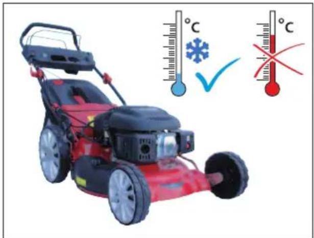 Illustration of a red lawn mower with temperature and weather icons showing thermometer readings