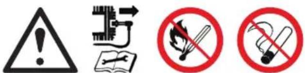 Warning symbols including warning triangle, circuit symbol, open book, no-smoking circle, and no-smoking circle