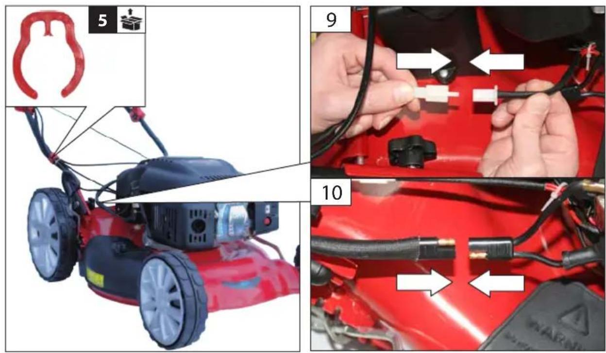 Instructional diagram showing a lawn mower with labeled parts and wiring, including parts numbered 5, 9, and 10.