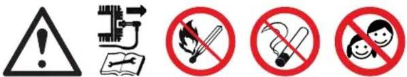 Four safety and compliance symbols: warning triangle, circuit diagram with lightning bolt, cigarette crossed-out, no smoking, and child with smiling face.