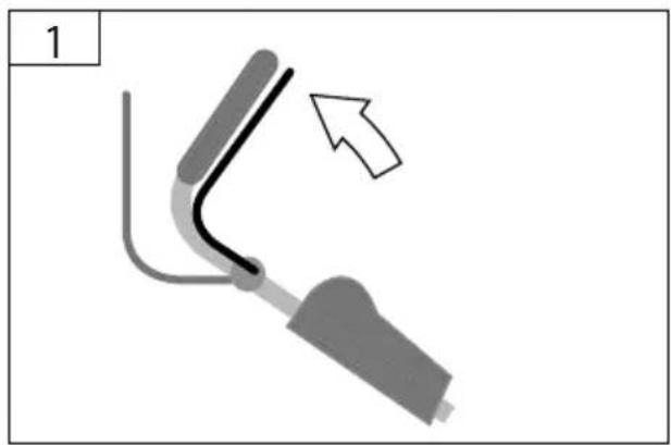 Diagram of a mechanical or electrical component with a curved line and two attached parts, one marked with an arrow (no text or symbols present)