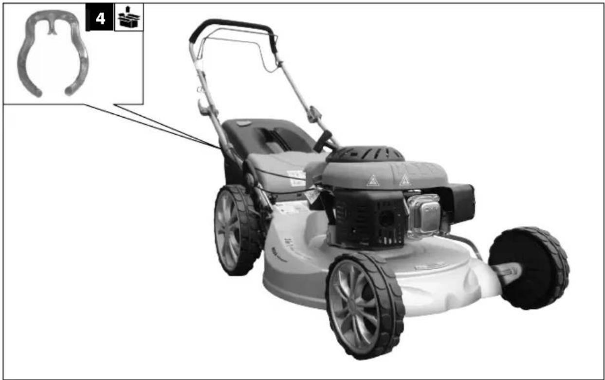 Black-and-white photo of a lawn mower with visible tire, power cord, and headrest (no text or symbols)