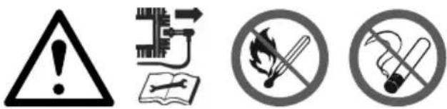 Four safety and smoking symbols: warning triangle, circuit board with arrows, crossed-out book, no-smoking cigarette, and no-smoking cigarette.