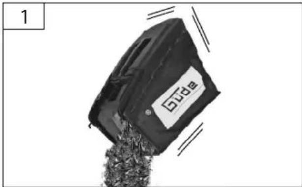 Black and white photo of a bag labeled 'Gude' being poured into a pile of dried herbs (no text beyond label)