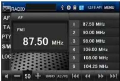 RADIO AF TA PTY S/M LOC AF FM1 87.50 MHz 1 87.50 MHz 2 90.00 MHz 3 98.00 MHz 4 106.00 MHz 5 108.00 MHz 6 104.25 MHz — 50 + BAND AS/PS