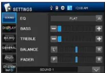 EINSTELLUNGEN KLANG EQ FLACH ANZEIGE BASS + RADIO HÖHEN + ALLGEMEIN BALANCE L R DVD FADER V H SYSTEMINFO KLANG 1