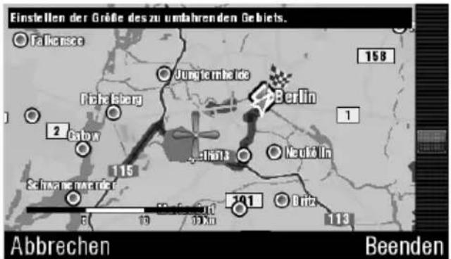 Einstellen der Größe des zu umtahrenden Gebiets. Falkensee 158 Jungtembeide Berlin 2 Richteberg Babow 116 Neuköliin Schwane mbareide 101 Driebs 113 Abbrechen Beenden