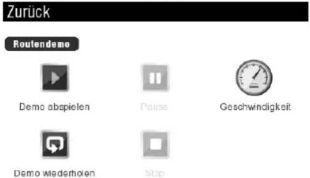 Zurück Routendemo Demo abspielen Pause Geschwindigkeit Demo wiederholen Stop
