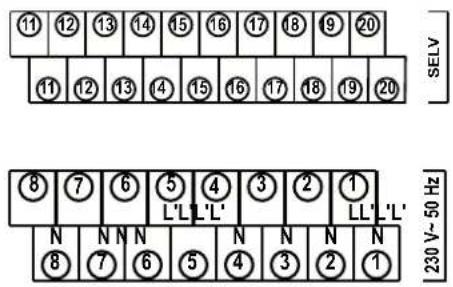 11 12 13 14 15 16 17 18 19 20 SELV 11 12 13 14 15 16 17 18 19 20 ⑧ ⑦ ⑥ ⑤ ④ ③ ② ① L'L'L'L' LL'L'L' N N N N N N N N ⑧ ⑦ ⑥ ⑤ ④ ③ ② ① 230 V~50 Hz