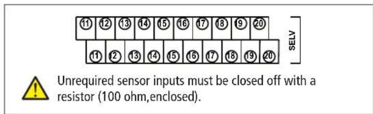 11 12 13 14 15 16 17 18 19 20. SELV. 11 12 13 14 15 16 17 18 19 20. Unrequired sensor inputs must be closed off with a resistor (100 ohm, enclosed).