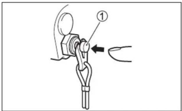 Diagram showing a mechanical clamp or hook assembly with labeled component 1 and directional arrow