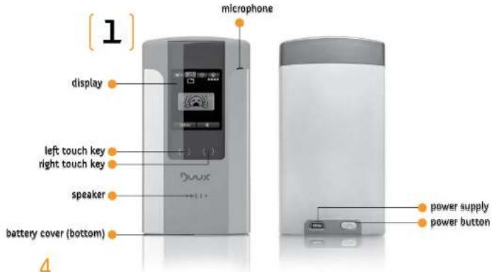 [1] microphone display left touch key right touch key speaker battery cover (bottom) power supply power button