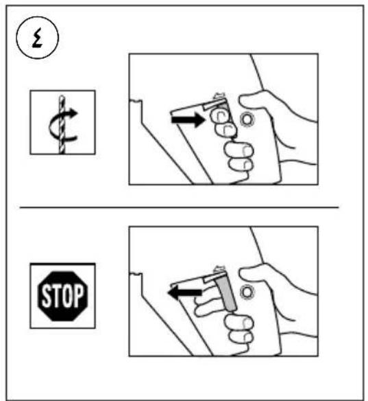 Diagram illustrating three-step safety instructions for using a device: clockwise rotation, battery transfer, and stop.