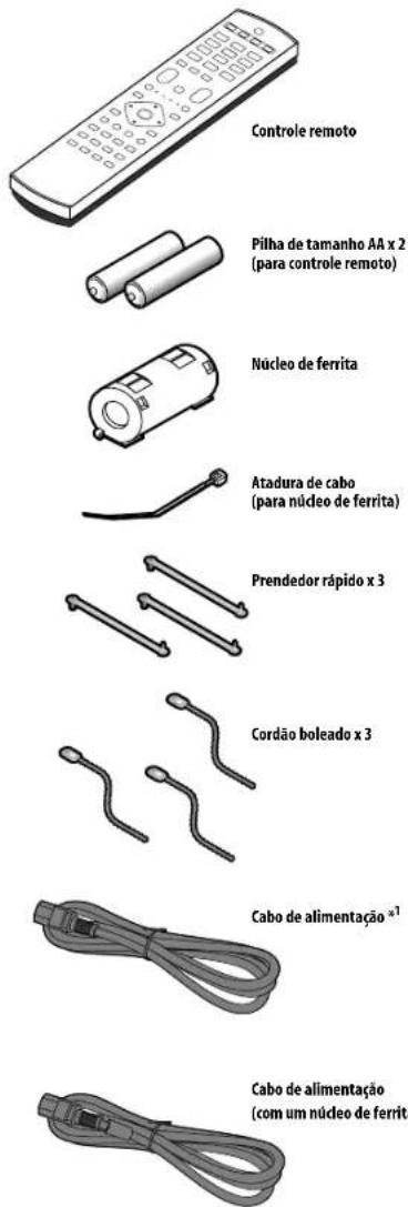 Controle remoto Pilha de tamanho AA x 2 (para controle remoto) Núcleo de ferrita Atadura de cabo (para núcleo de ferrita) Prendedor rápido x 3 Cordão boleado x 3 Cabo de alimentação x¹ Cabo de alimentação (com um núcleo de ferrita)