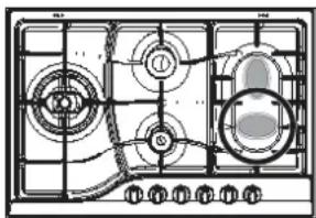 Technical diagram of a gas stove with labeled components and control buttons