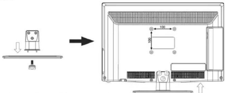 Technical diagram showing a device assembly process with an arrow indicating transformation from a flat panel to a computer monitor.