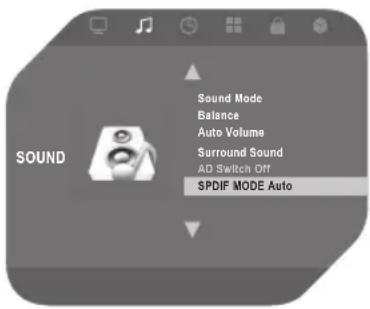 Sound Sound Mode Balance Auto Volume Surround Sound AD Switch Off SPDIF MODE Auto